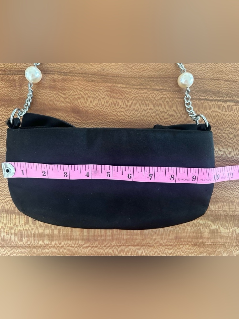 White House Black Market Black Bow-Front Evening Shoulder Bag with Pearl Chain - Picture 10 of 12